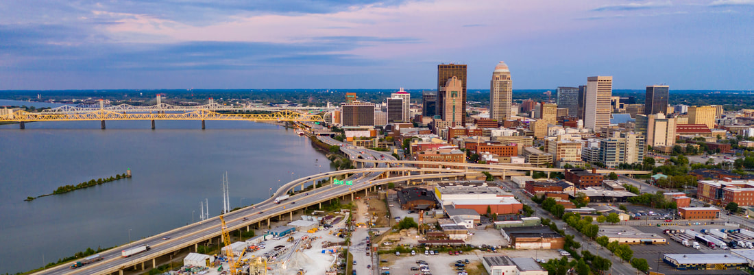 Aerial view of Louisville Kentucky downtown and the Ohio River